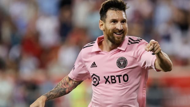 Inter Miami forward Lionel Messi celebrates after his goal against the New York Red Bulls during an MLS soccer match at Red Bull Arena, Saturday, Aug. 26, 2023, in Harrison, N.J. (AP Photo/Eduardo Munoz Alvarez)   